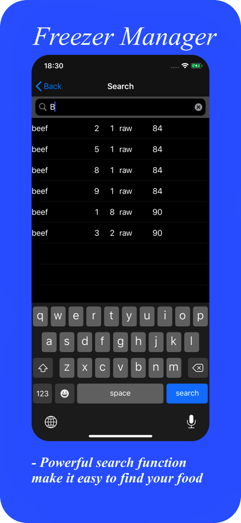 FreezerManager - Interface de recherche de l'application FreezerManager montrant une liste d'inventaire de bœuf congelé.