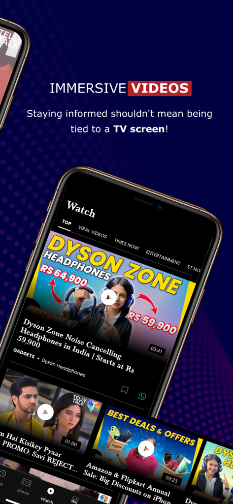 Ein Mobiltelefon, das den Watch-Bereich der Times Now Network App mit immersiven Nachrichtenvideos anzeigt
