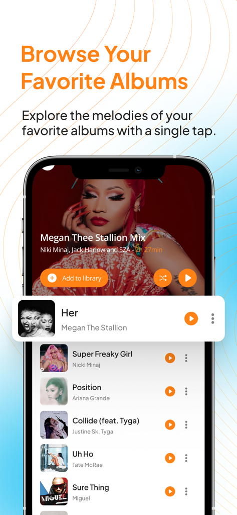 Tubidy : Music, Videos, Songs - Captura de pantalla de la aplicación Tubidy que muestra una lista de reproducción de música con canciones populares y una opción para explorar álbumes favoritos en un iPhone
