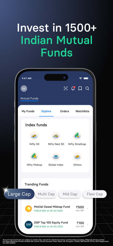 INDmoney - NRI Investing App - Schermata dell'app INDmoney per NRI per investire in oltre 1500 fondi comuni di investimento indiani.