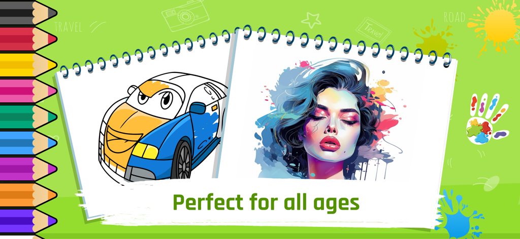 Art Coloring Book: Magic Color - 모든 연령에게 완벽하다는 문구가 있는 자동차 만화와 예술적인 여성 초상화를 보여주는 디지털 컬러링 북 앱