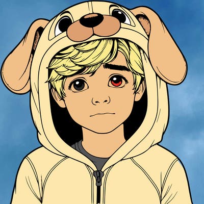 realistic boy, in a dog onesie