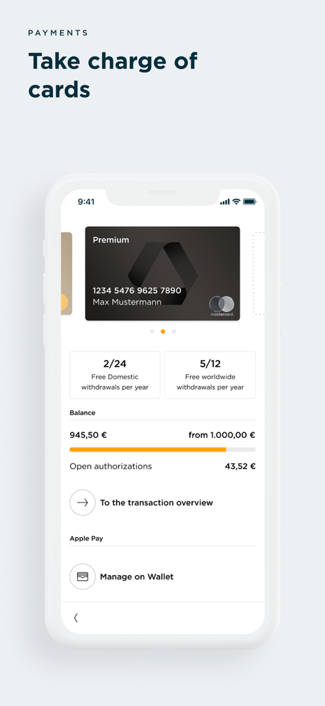 Commerzbank Banking - Commerzbank 앱 화면에 프리미엄 카드 관리 잔액 개요 및 Apple Pay 통합 기능 표시