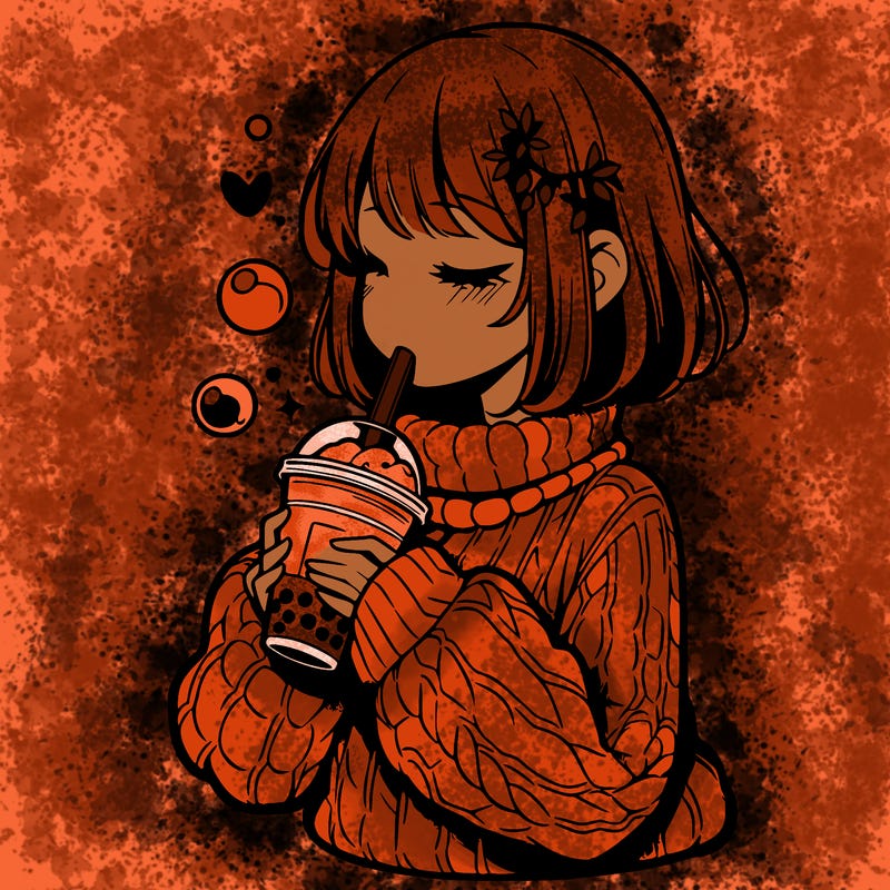 manga girl drinking boba in cozy sweater