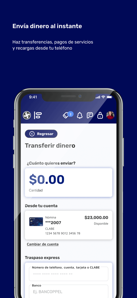 Inbursa Móvil - Interfaz de la aplicación Inbursa Movil para transferencias de dinero y pagos instantáneos