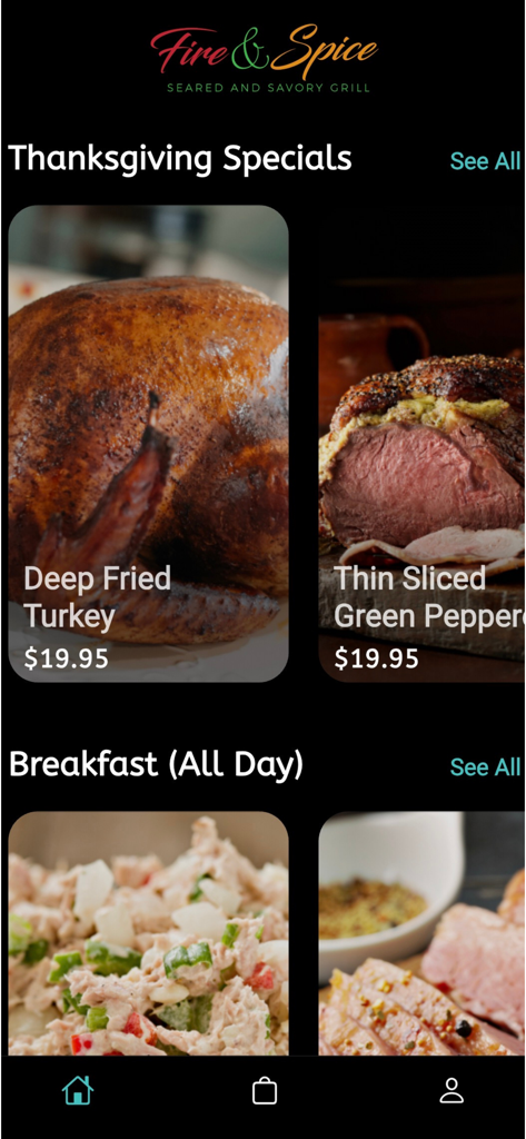 Fire And Spice Restaurant - Menú de la aplicación móvil del Restaurante Fire and Spice con especiales de Acción de Gracias como pavo frito y desayunos para todo el día.