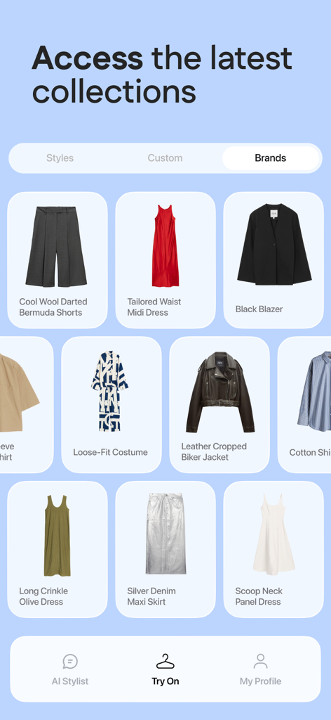 My Color Analysis・AI StyleLab - A grid of fashionable clothing items like blazers and dresses in the AI StyleLab app interface.