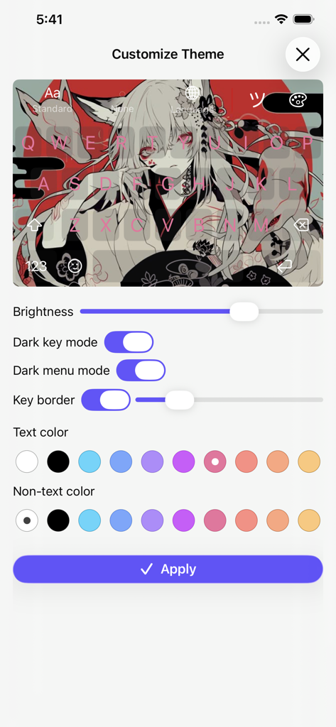 Keyboard theme customization screen with an anime background and color settings