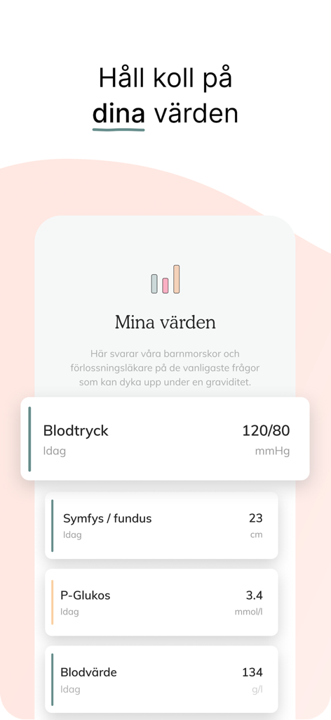 One Million Babies - Gravidapp - Un écran d'application mobile affichant des mesures de santé de grossesse, y compris la pression artérielle, la glycémie et les valeurs sanguines.