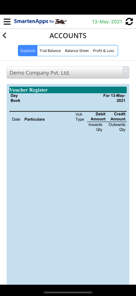 SmartenApps for Tally - SmartenApps for Tally mobile app showing the Accounts Daybook and Voucher Register