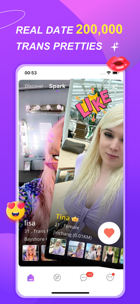 TransMe: Transgender Dating - Una interfaz móvil de la app de citas TransMe mostrando perfiles de personas transgénero con una función de matching llamada Spark.