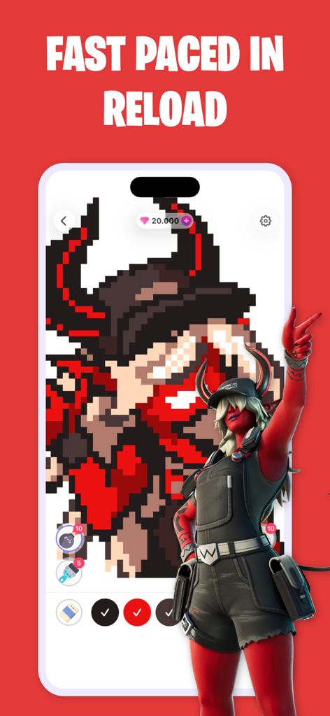 Pixelnite for Fortnite - Pixel art color by number interface for a Fortnite skin character in the Pixelnite app