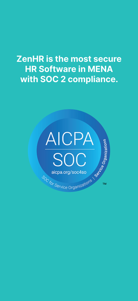 ZenHR Clock - ZenHR Clock App-Bildschirm, der die SOC 2-Sicherheitskonformität und das Gütesiegel der AICPA hervorhebt.