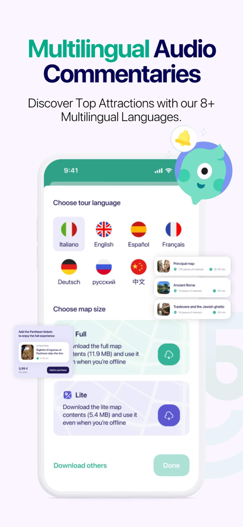 Vox City app interface for selecting tour languages and downloading offline maps