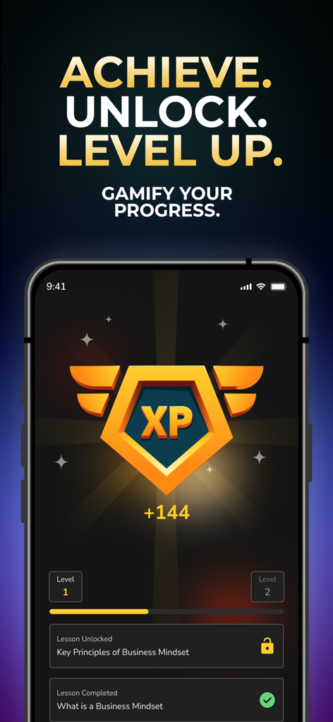 Legacy Academy - Legacy Academyアプリのスクリーンショット、XP報酬とゲーミフィケーションされた学習レベルを表示