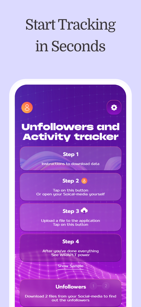 A four-step guide on the app interface for setting up the Instagram unfollowers and activity tracker.