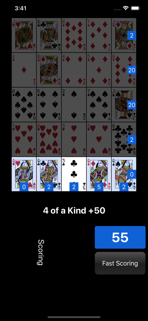 Poker Square - Solitaire - Écran de jeu de Poker Square Solitaire montrant une grille 5x5 de cartes avec une main de quatre d'une sorte et un résumé des scores.