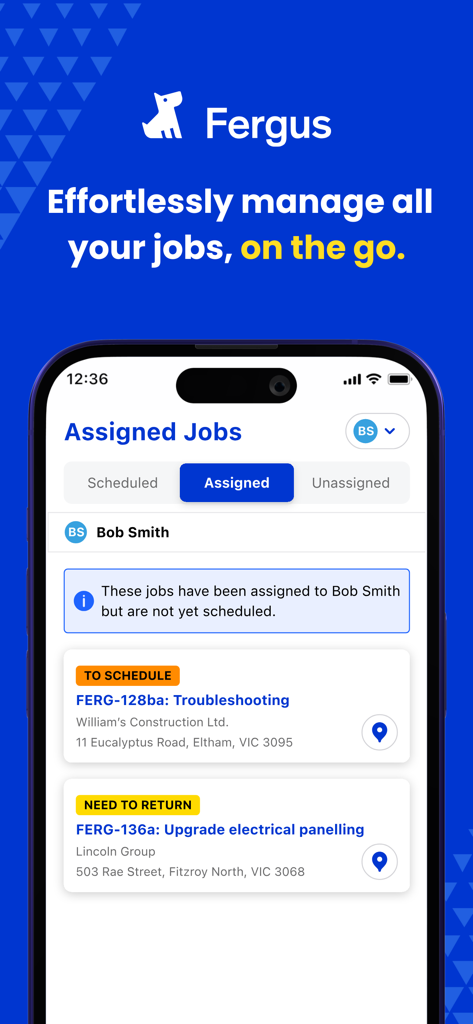 Fergus Go app interface displaying a list of assigned jobs for a tradesperson on a mobile device