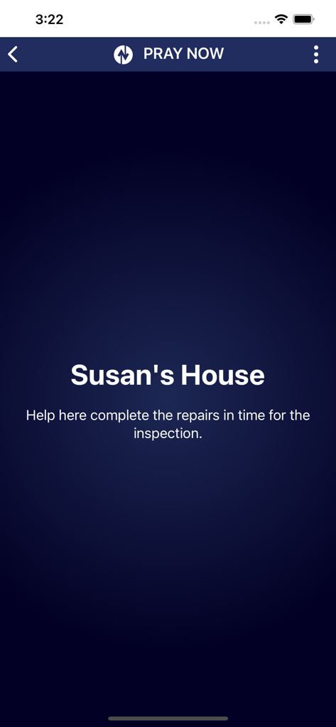 Bible Study Together - Interfaz de sesión de oración sin distracciones mostrando una petición de oración para la Casa de Susan.