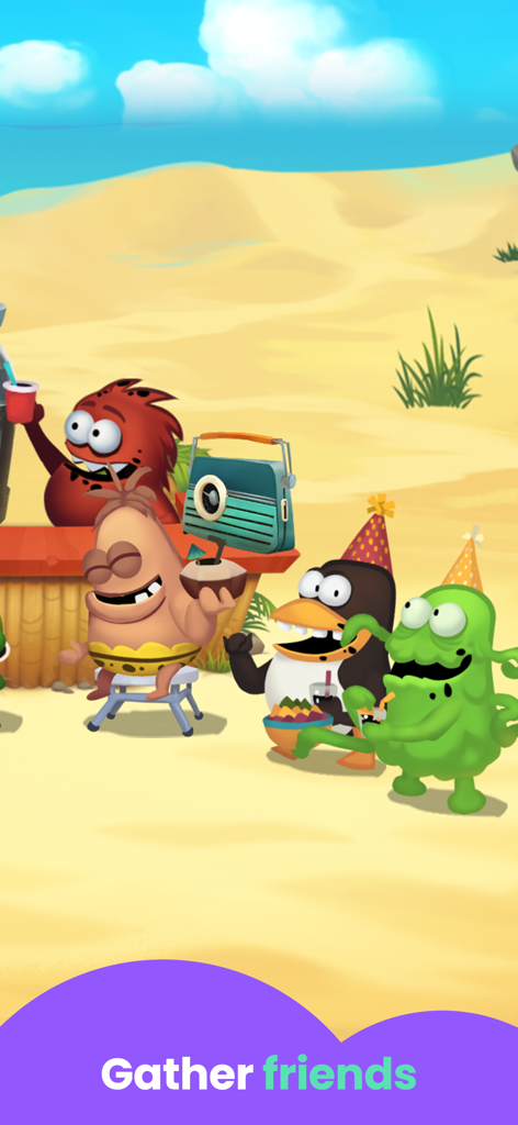 Party Games: for Kids - Quirky monster characters celebrating at a beach party with the text Gather friends