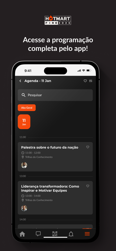 The agenda screen of the Hotmart FIRE 2025 app showing the event schedule and lecture sessions on a mobile device.