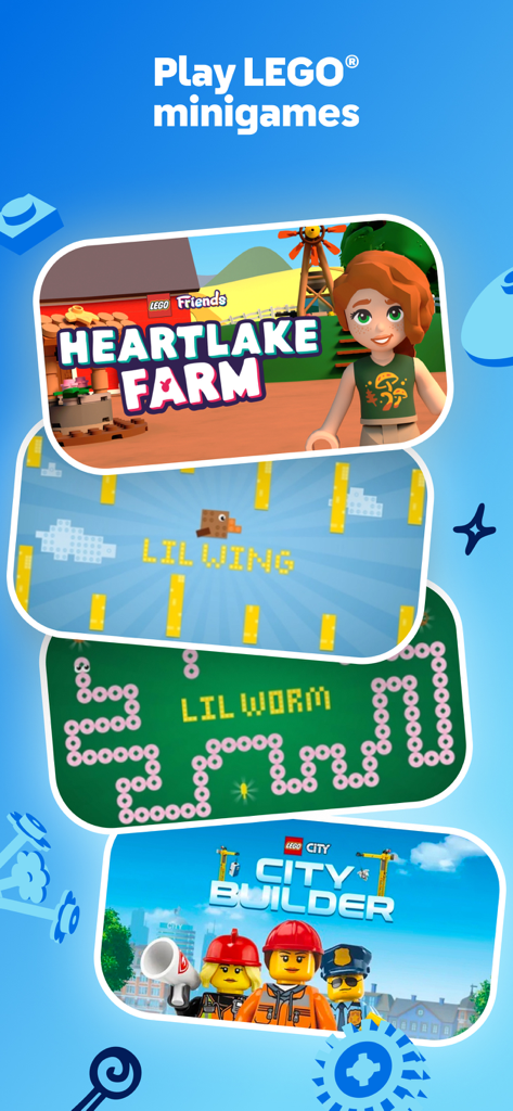 A collection of LEGO minigames in the app including Heartlake Farm and City Builder
