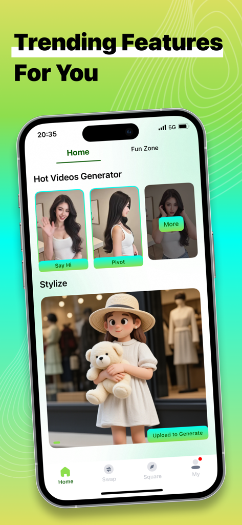 AI Twist - AI Twist app home screen displaying hot video generators and clay style filter options.