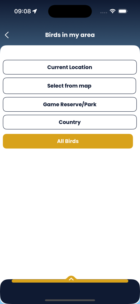 Standortauswahlmenü in der Roberts Vögel App mit Optionen für den aktuellen Standort, Karte und Wildreservate
