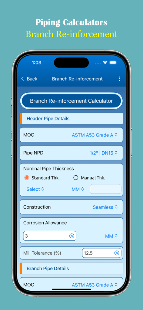Piping Calculators - Branch reinforcement calculator interface for piping engineers showing header pipe details and specifications