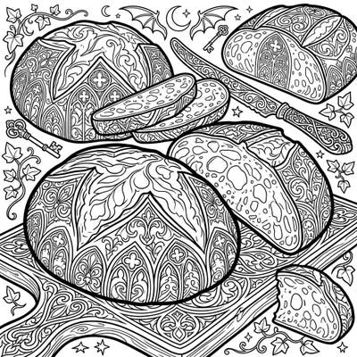 Discover a darkly enchanting world with this gothic-themed sourdough loaves coloring page. Immerse yourself in intricate patterns and a mysterious atmosphere, perfect for creative minds.