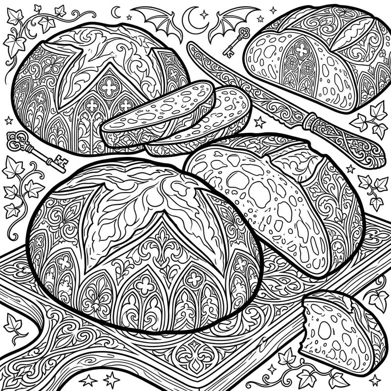 Discover a darkly enchanting world with this gothic-themed sourdough loaves coloring page. Immerse yourself in intricate patterns and a mysterious atmosphere, perfect for creative minds.