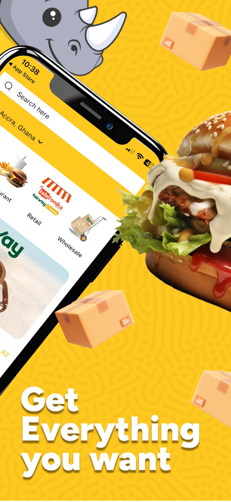 Interfaz de la aplicación Ryno Delivery mostrando categorías de alimentos y minoristas en Acra, Ghana