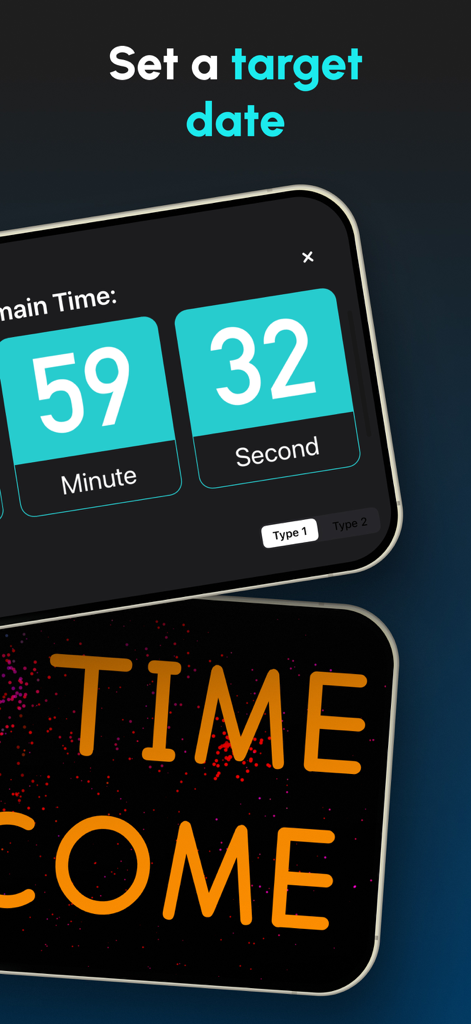 App interface for setting a target date with a countdown timer and scrolling banner