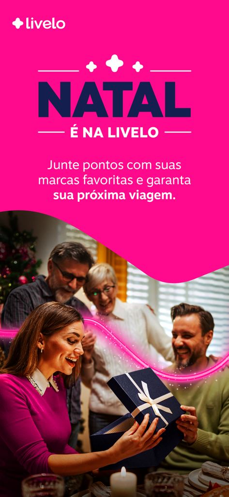 Livelo app Christmas promotional banner showing a happy family opening a gift and earning points for travel