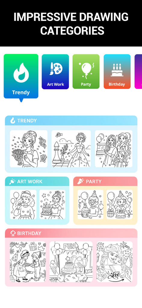 Photo To Cartoon Yourself Edit - La interfaz muestra impresionantes categorías de dibujo que incluyen temas de moda, arte, fiestas y cumpleaños para colorear.