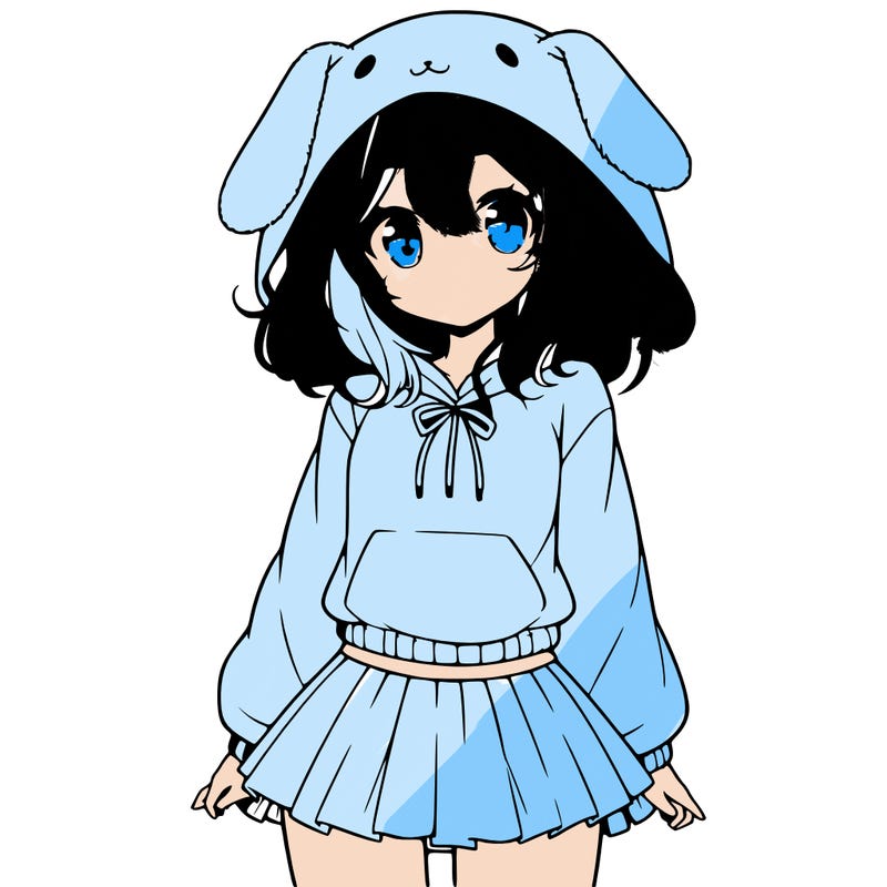 pretty anime girl wearing a fluffy hoodie with bunny ears on the hood and a skirt