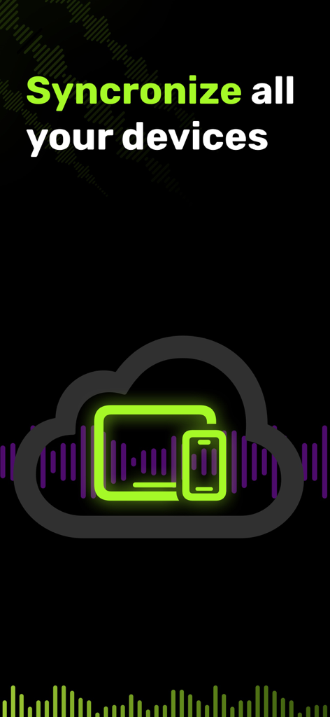 VoiceRec: AI Vocal Recorder - An illustration of a cloud containing phone and tablet icons representing multi-device synchronization for voice recordings