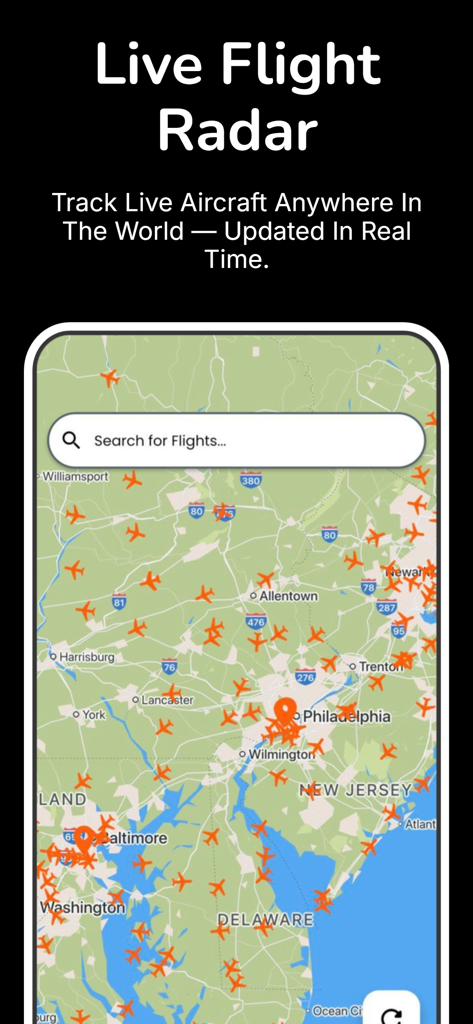Flight Radar Tracker - Live flight radar tracker interface showing aircraft positions on a real time map