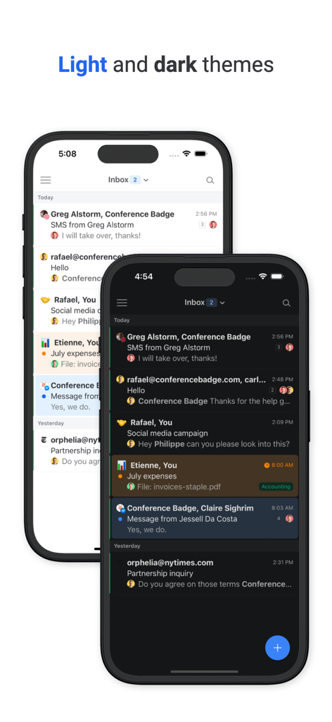 Missive - Email, Chat & Tasks - Missive App-Benutzeroberfläche im Vergleich von hellem und dunklem Modus auf Mobilgeräten.
