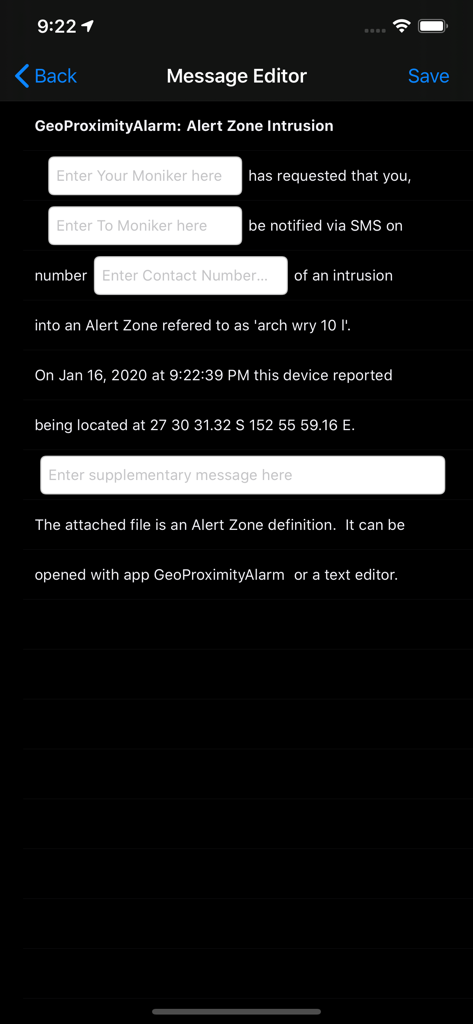Geo Proximity Alarm - A screen in the Geo Proximity Alarm app showing the message editor to configure automated SMS notifications for location alerts
