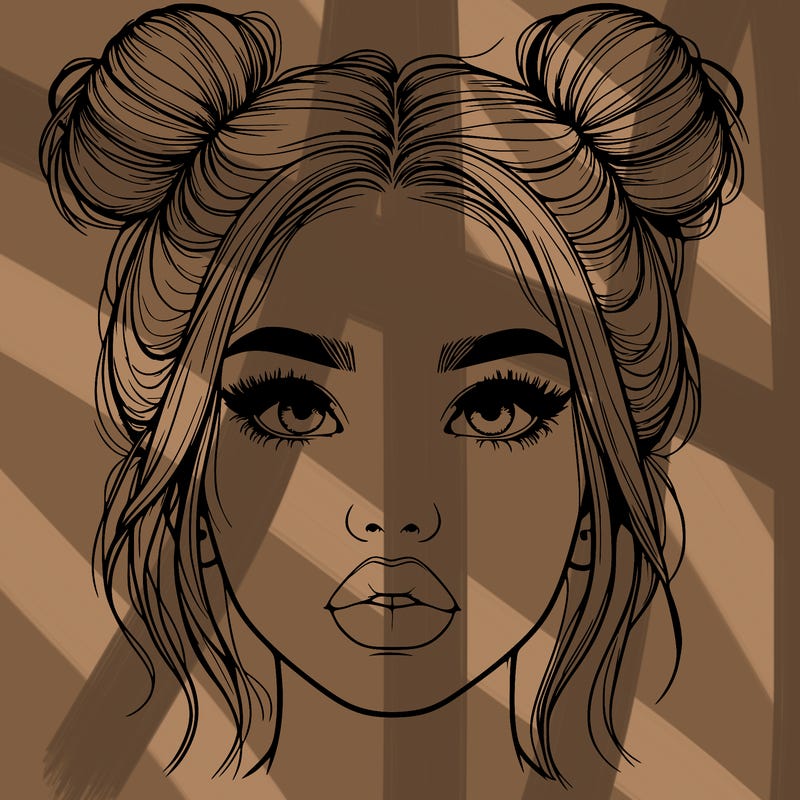 realistic girl with two buns on her hair and lips