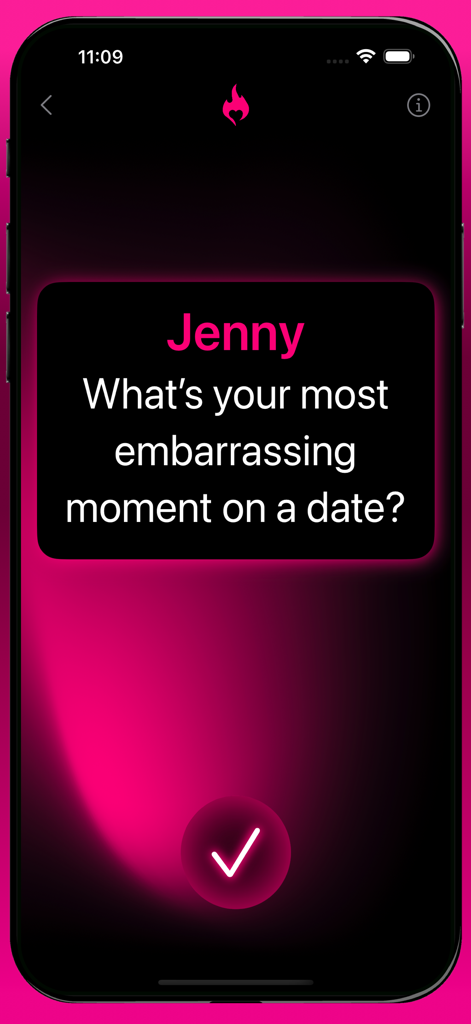 Aplicativo Verdade ou Desafio Cruel e Picante exibindo uma pergunta sobre momentos constrangedores em encontros.