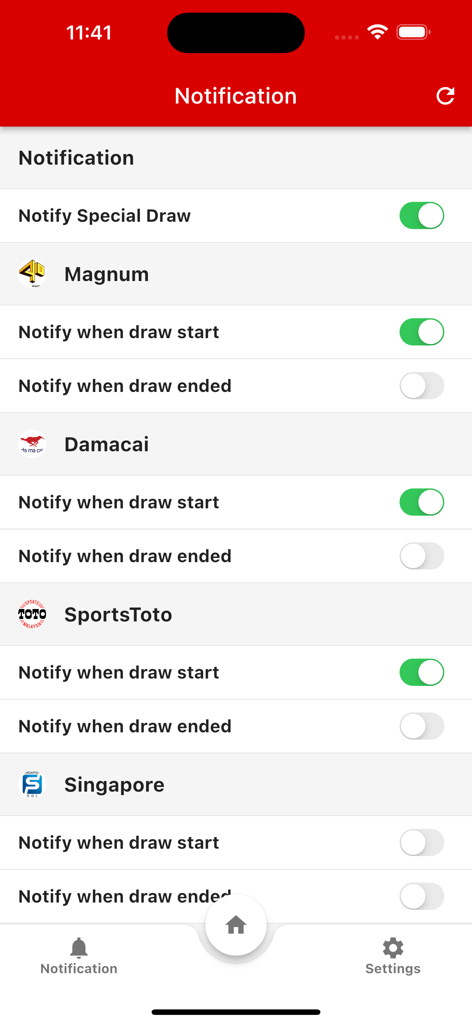 4D2U Live - Notification settings screen for lottery draws in 4D2U Live app