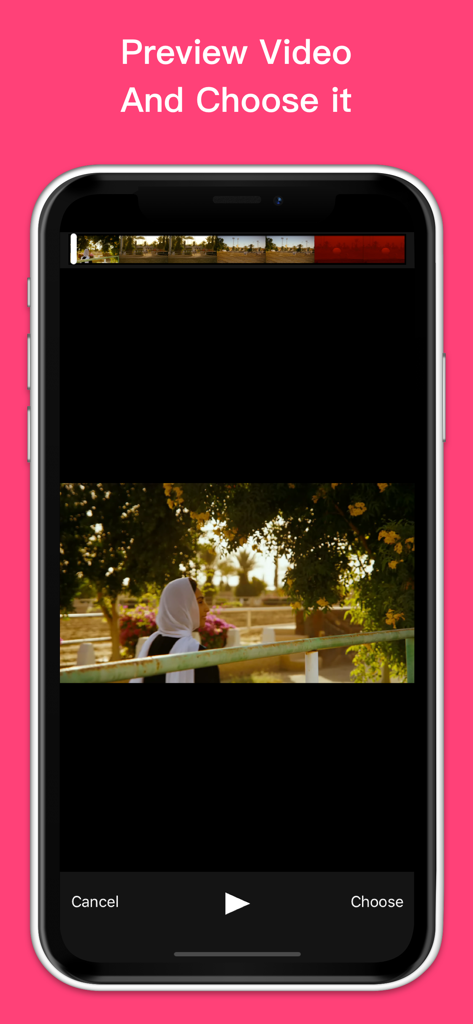 動画プレビューと、トリミングするクリップの再生または選択オプションを示すモバイルインターフェース。