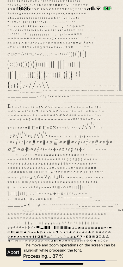 Font Visualizer Pro - Interfaz de Font Visualizer Pro mostrando un mapa completo de glifos y símbolos de fuentes con una barra de progreso de procesamiento.