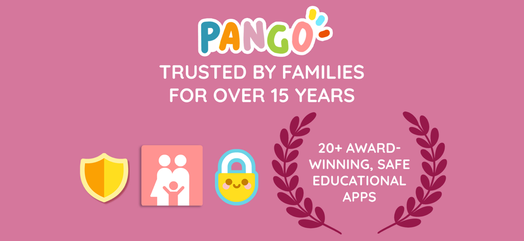Pango logo with awards for 15 years of trusted safe educational apps for families
