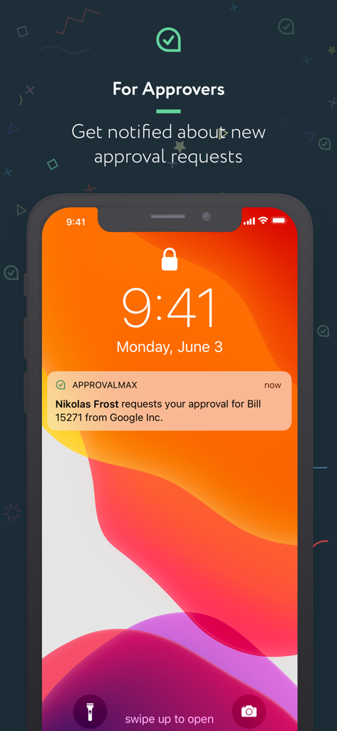 ApprovalMax mobile notification for a bill approval request on an iPhone lock screen