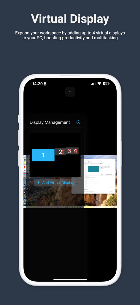 Pantalla de smartphone mostrando la gestión de hasta cuatro pantallas virtuales para un PC