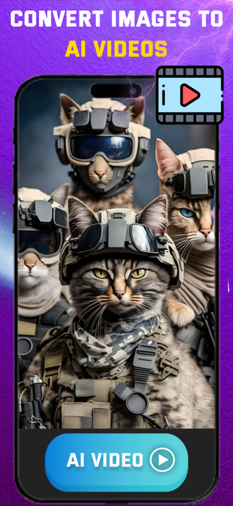 Text to Image AI Generator Art - A mobile app screen showcasing a feature to convert images to AI videos with a sample image of cats dressed in tactical military gear.