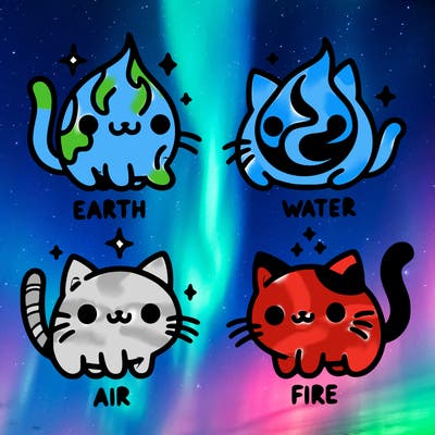 4 cats that represent the different elements, earth, water, air, and fire